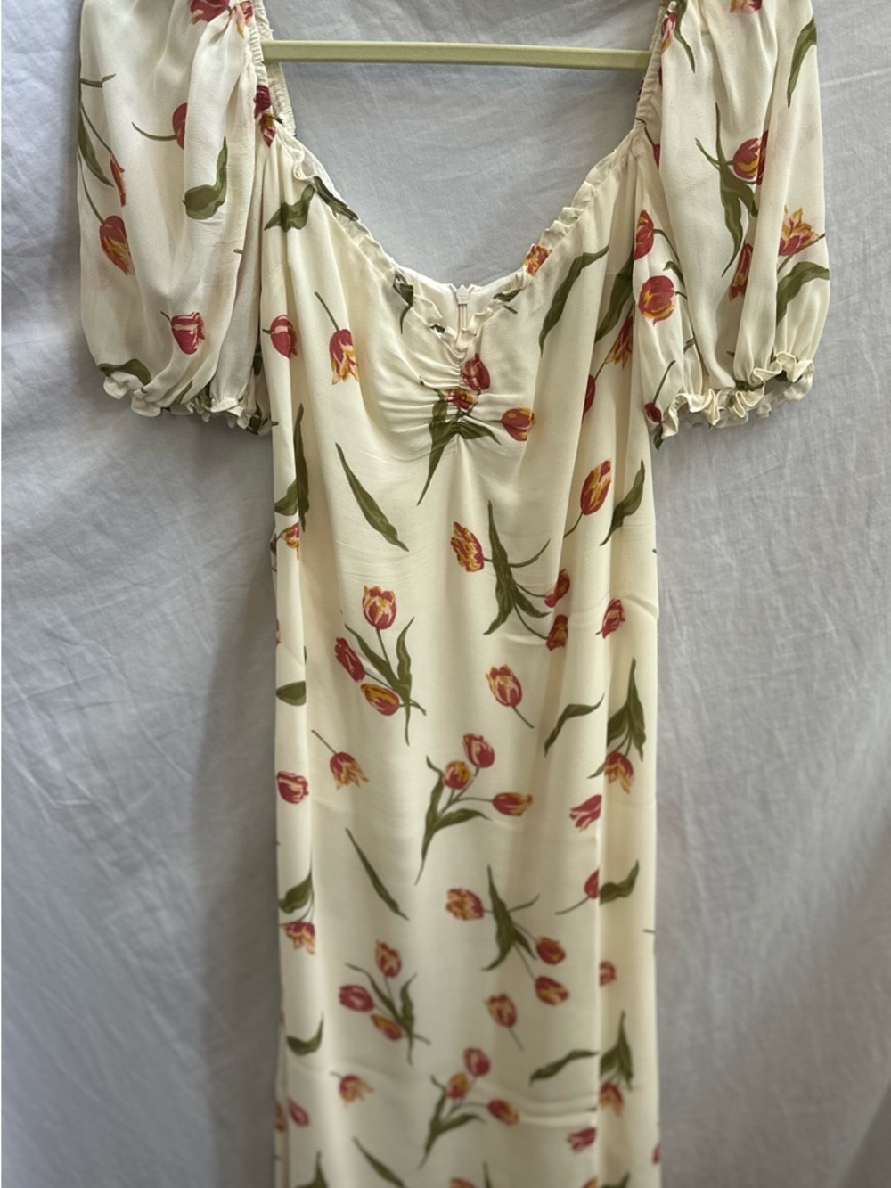 Reformation Cream Midi Dress with Red-Pink Tulip Print
